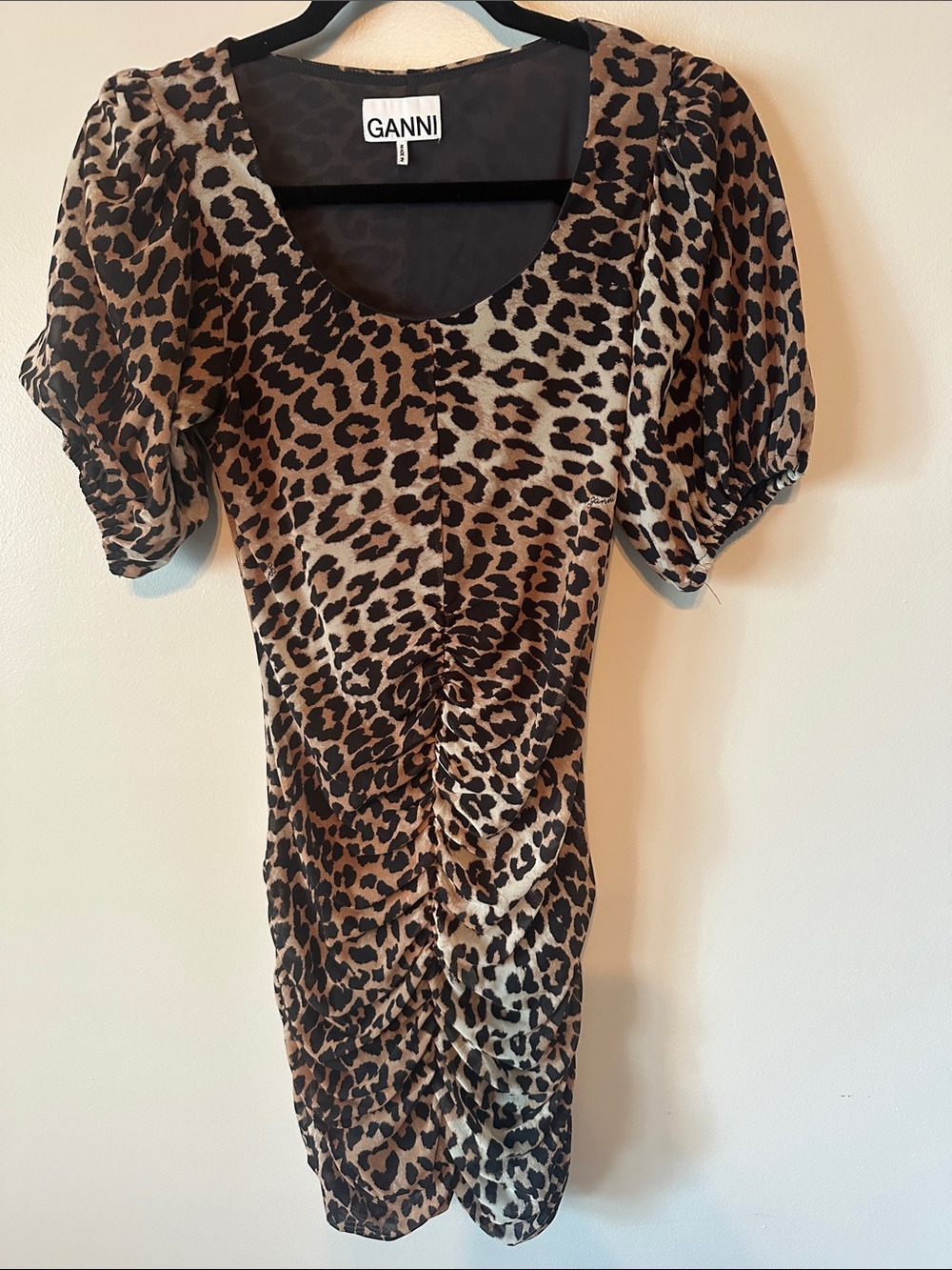 Ganni Leopard-Print Ruched Puff-Sleeve Mini Dress in Brown and Black